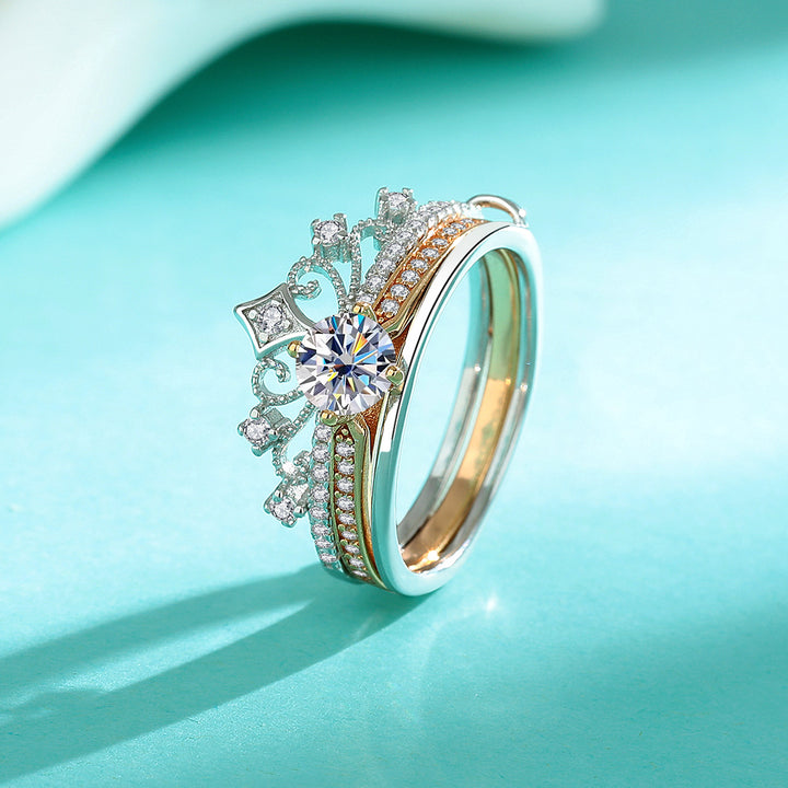 Two-Tone Castle Firework Stackable Ring Lace Hollow Double Layer Engagement Wedding Ring Set For Women