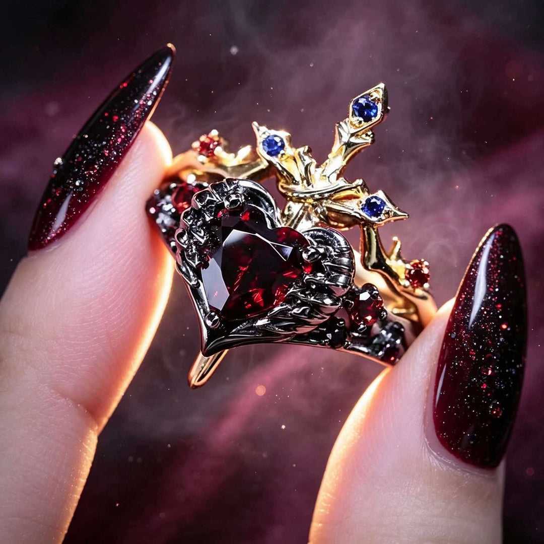 Gothic Romantic Style Heart & Sword Stackable Ring Set
