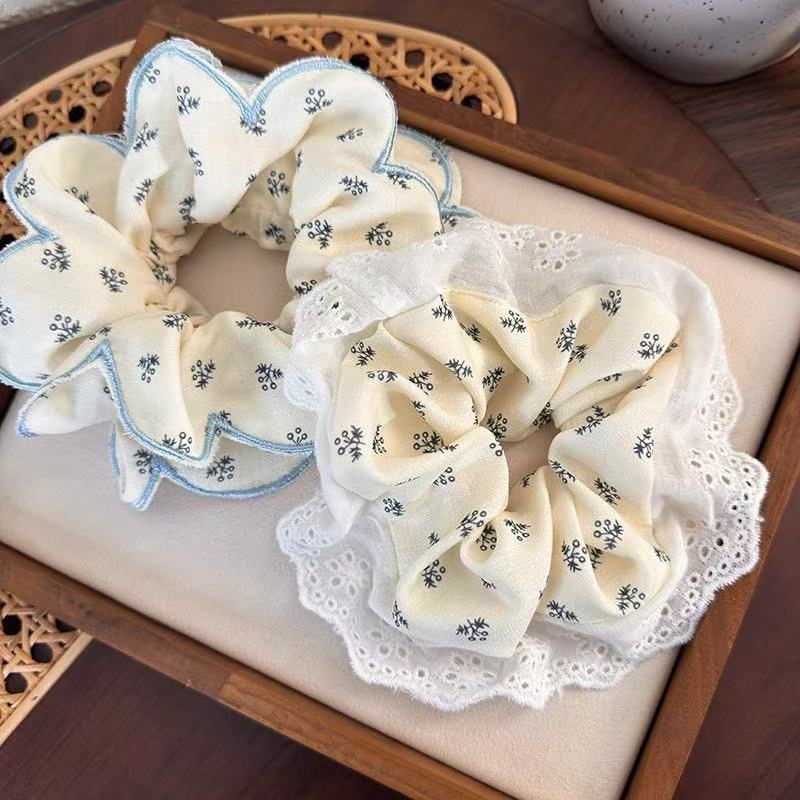 Cream Floral Lace Scrunchie Set Blue Trim Hair Ties