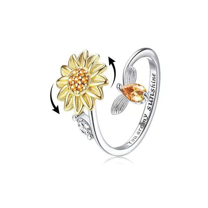 Rotatable Sunflower & Bee Ring, "You Are My Sunshine" Open Ring