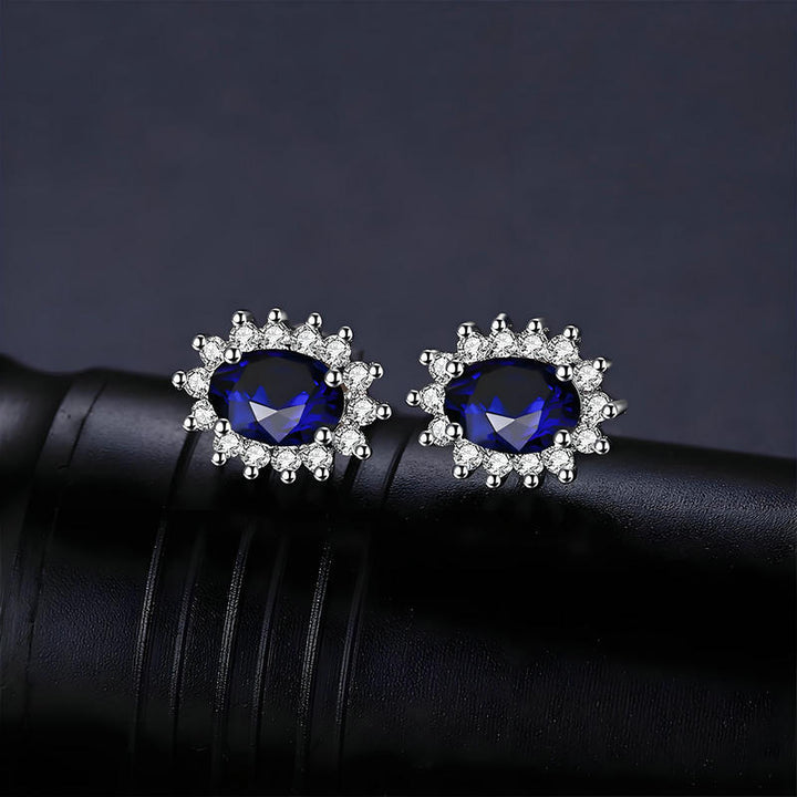 Sterling Silver Diamond AccentOval Blue Sapphire Halo Stud Earrings
