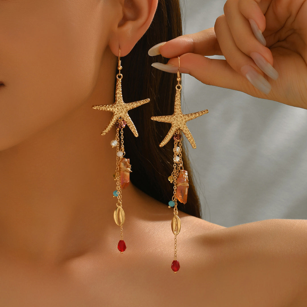 Bohemian Starfish Tassel Earrings Beachy Crystal Shell Drop Earrings for Women