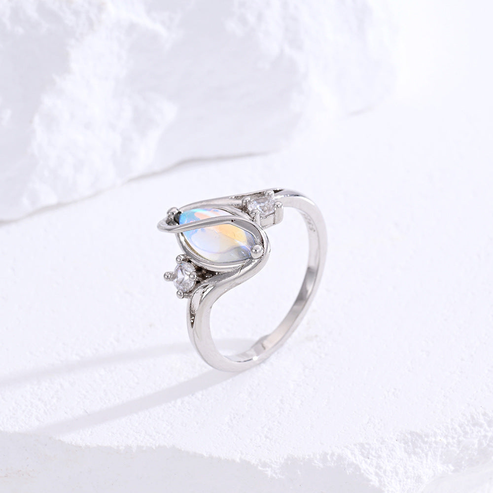 S925 Sterling Silver Marquise Moonstone Ring With Diamond Accents Twisted Wave Band Ring For Women