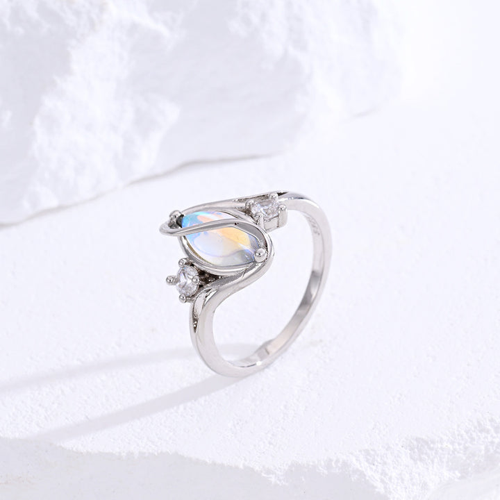 S925 Sterling Silver Marquise Moonstone Ring With Diamond Accents Twisted Wave Band Ring For Women