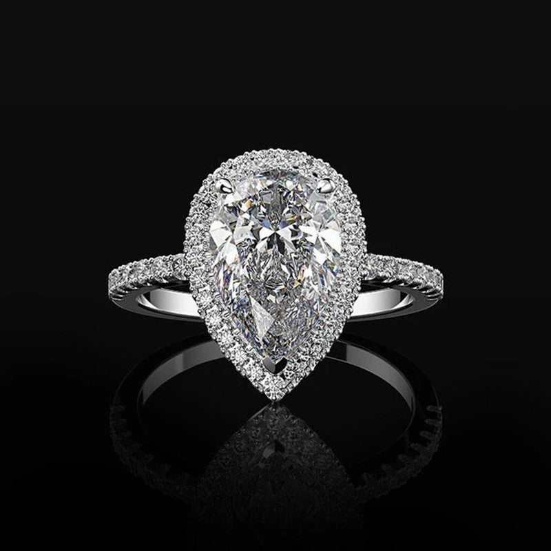 Pear Cut Halo Diamond Ring with 925 Sterling Silver