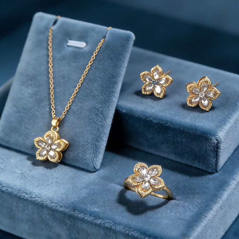 Rotatable Flower Necklace Earrings Ring Jewelry Set For Women