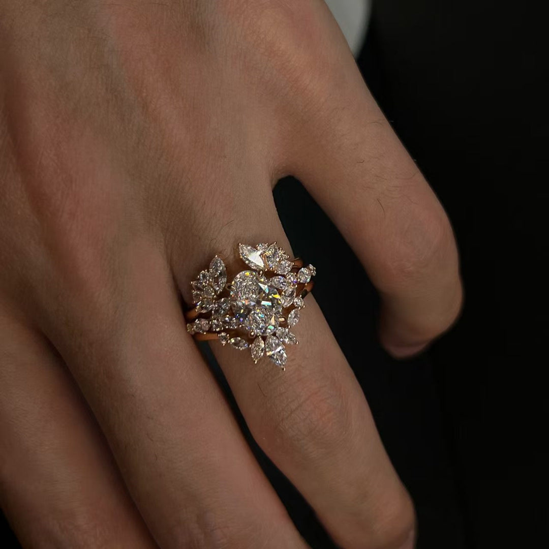 Vintage Floral Cluster Diamond Ring S925 Sterling Silver Statement Ring