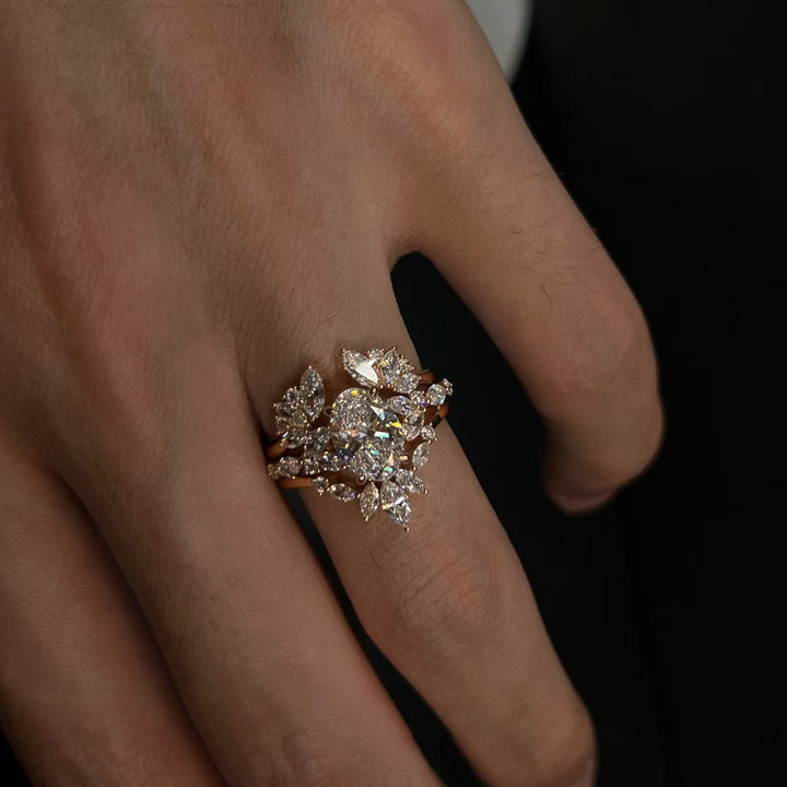 Vintage Floral Cluster Diamond Ring S925 Sterling Silver Statement Ring