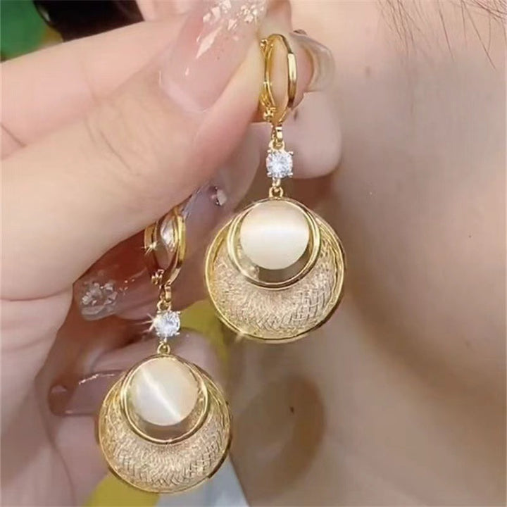 Round Opal Drop Earrings with Diamond Accents