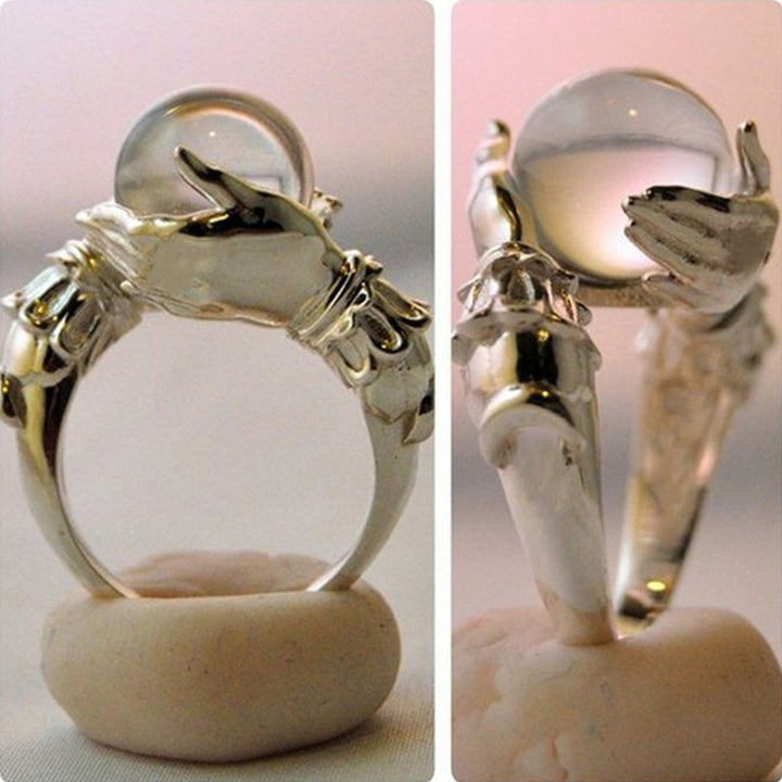Mystic Hands Holding Orb Ring Sterling Silver Crystal Ball Statement Ring