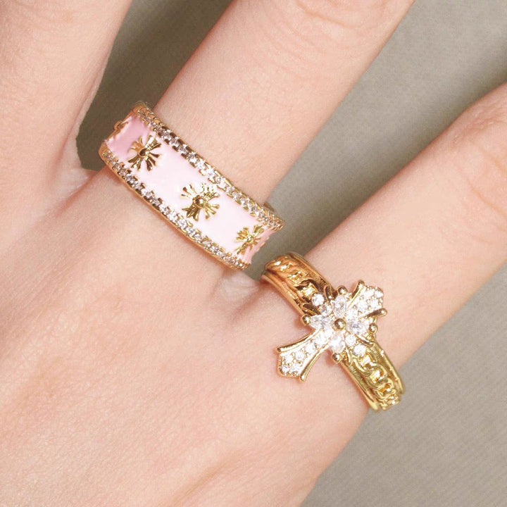 Pink Enamel Cross Ring Set | Y2K Diamond Open Adjustable Rings for Women