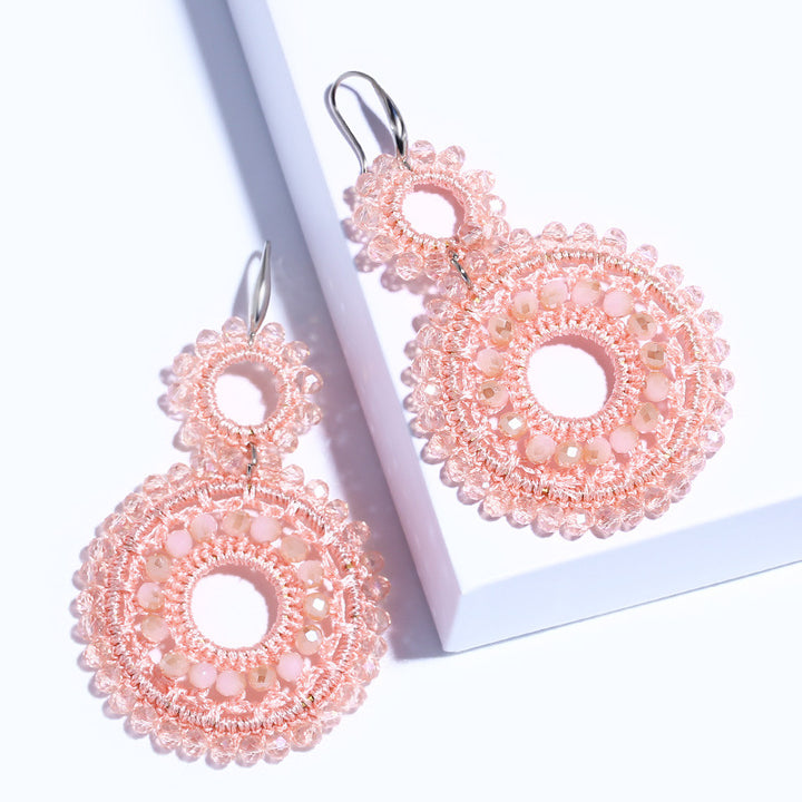 Boho Double Circle Beaded Drop Earrings Colorful Handwoven Statement Earrings for Women