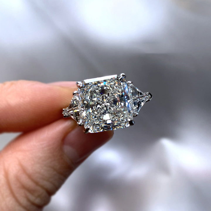 Cushion Cut Three-Stone Diamond Ring with Shield Side Stones