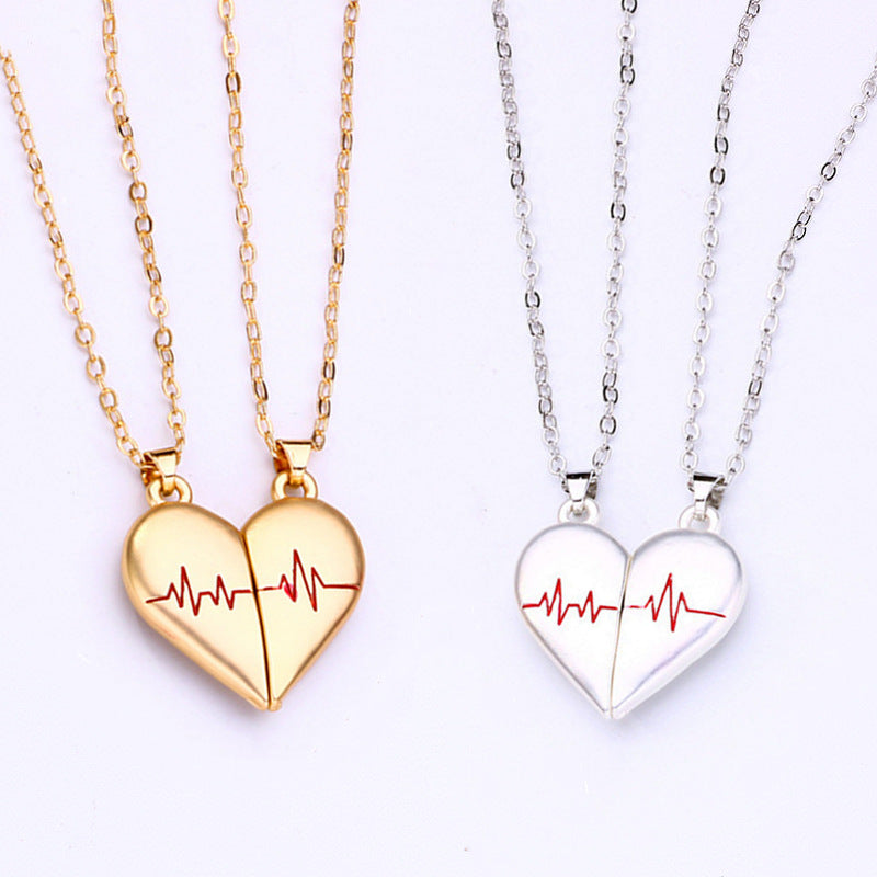Heartbeat Split Heart Couple Necklaces, Magnetic Matching Pendant Set
