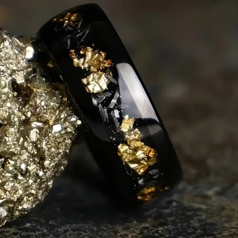 Black Ceramic & Gold Foil Inlay Titanium Steel Ring (Modern Luxury Minimalist Style)
