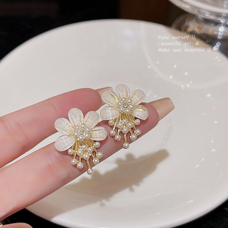 Elegant Flower Pearl Drop Earrings with Sterling Silver Post