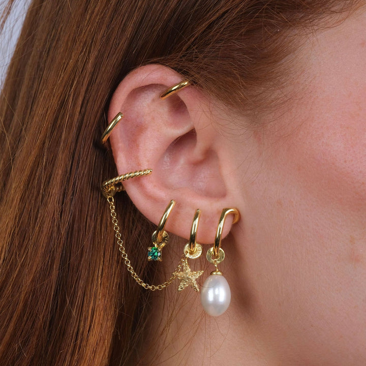 Multi-Piercing Ear Cuff & Hoop Set S925 Sterling Silver Diamond Charm Earrings