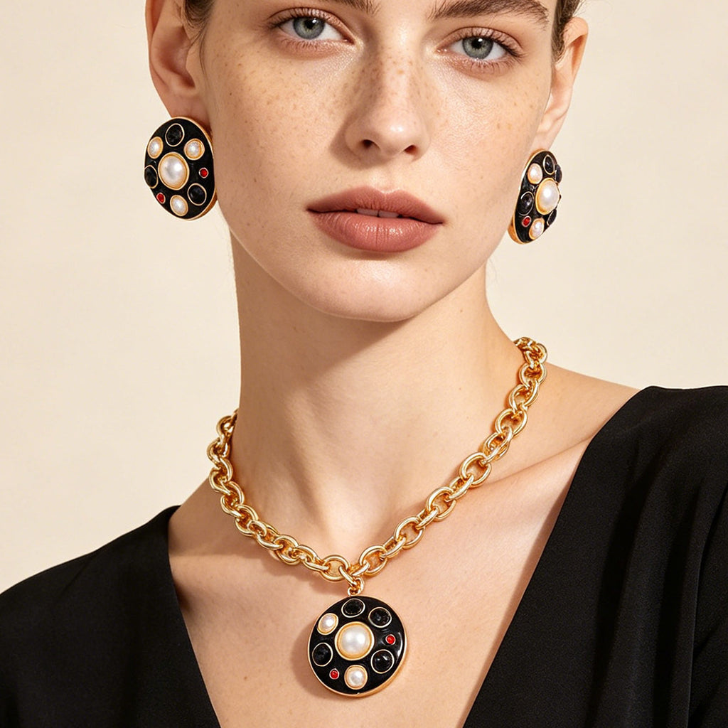 Black Gold Natural Pearl Gemstone Titanium Steel Jewelry Set