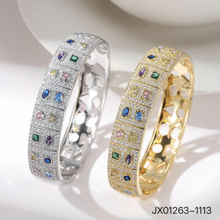 Colorful Geometric Full Pavé Wide Open Cuff Bracelet Luxury Crystal Bangle