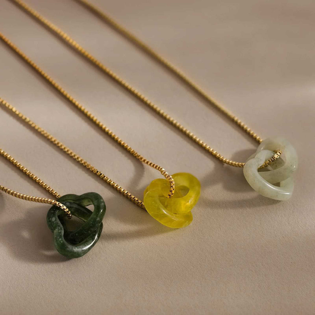 Natural Jade Interlocking Heart Necklace Minimalist Gemstone Pendant Necklace