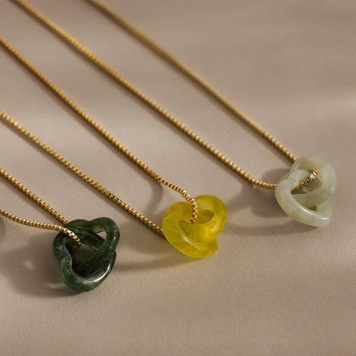 Natural Jade Interlocking Heart Necklace Minimalist Gemstone Pendant Necklace
