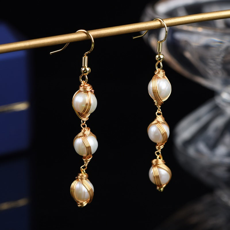 Elegant Gold Wire Wrapped Natural Pearl Dangle Earrings