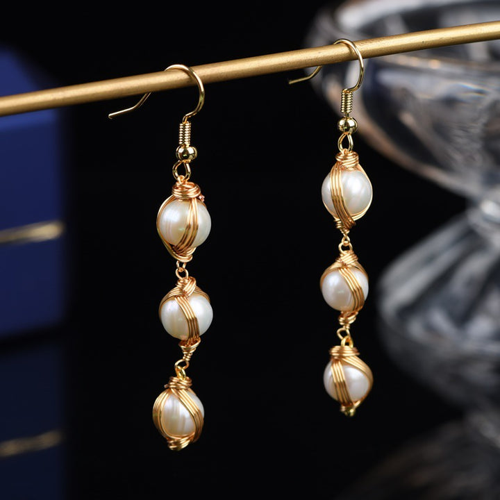 Elegant Gold Wire Wrapped Natural Pearl Dangle Earrings