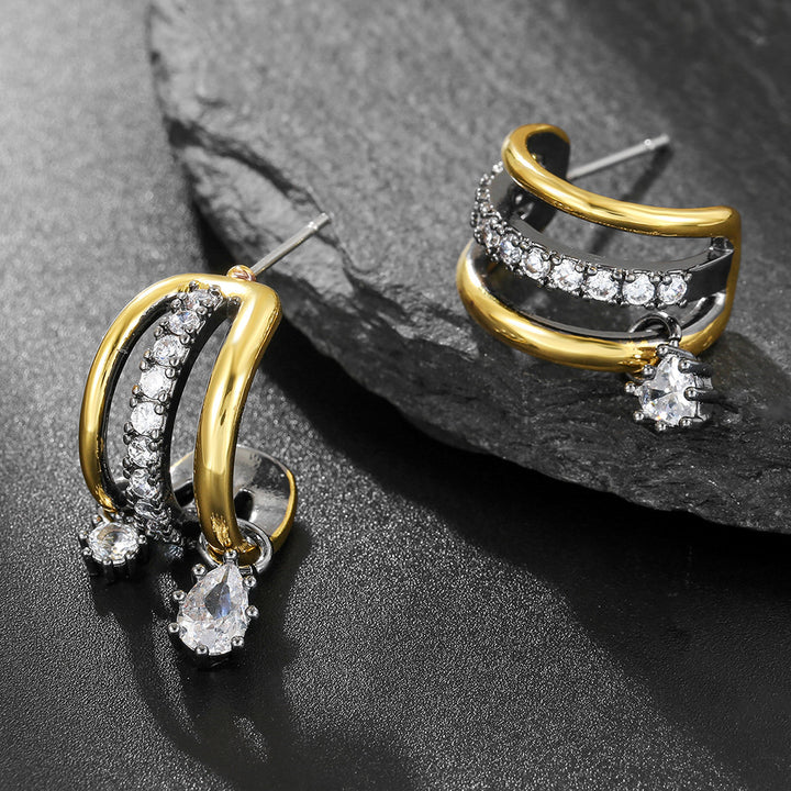 Two-Tone Triple Hoop Earrings with Diamond Charms in S925 Silver & Titanium Steel