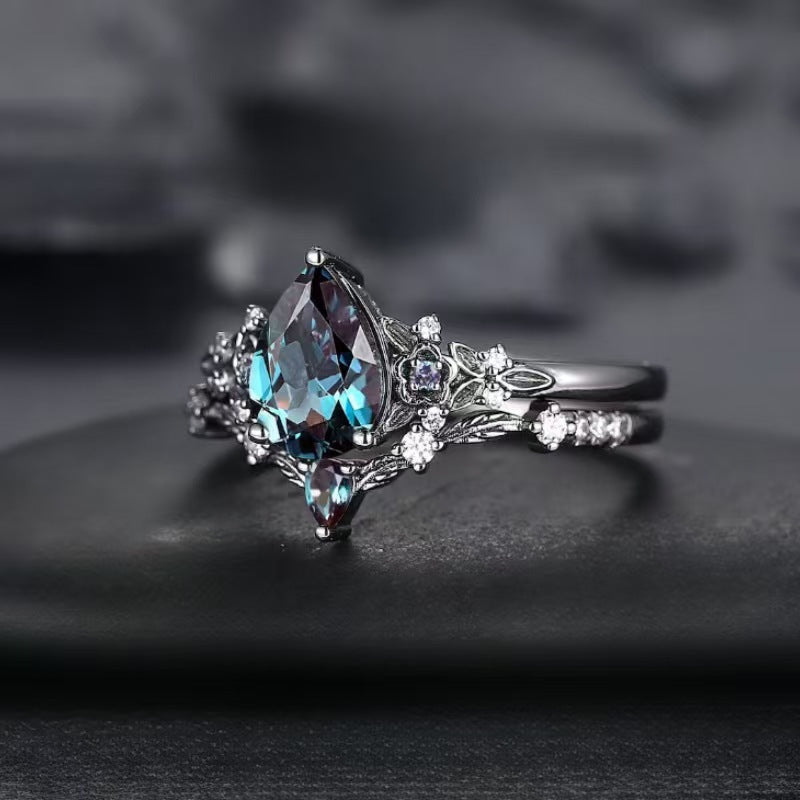 Teardrop Alexandrite Floral Stackable Ring Set