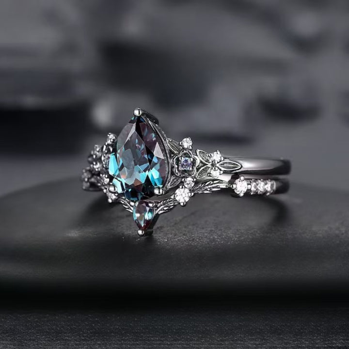 Teardrop Alexandrite Floral Stackable Ring Set