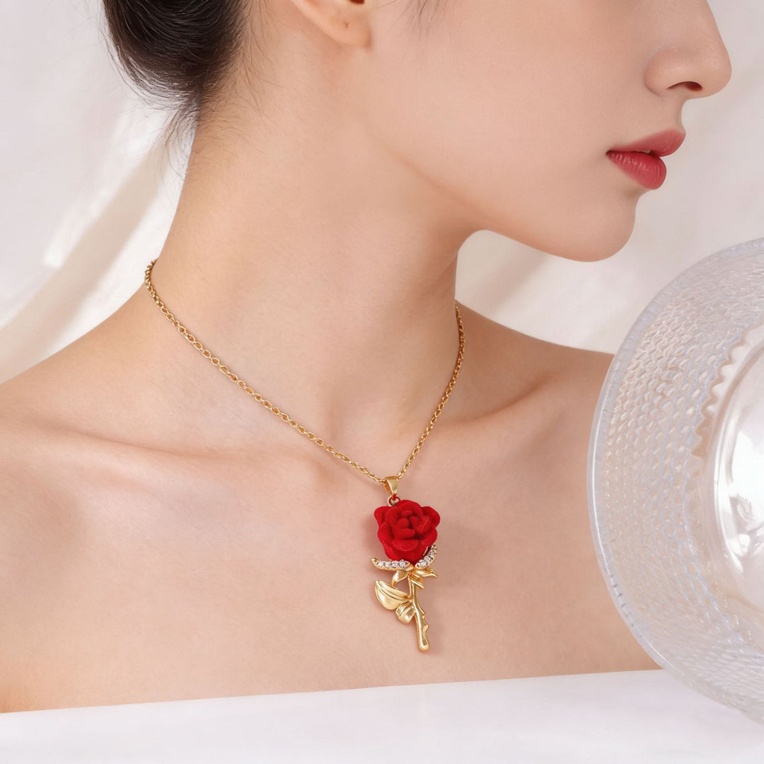Red Velvet Rose Pendant Necklace Romantic Floral Jewelry