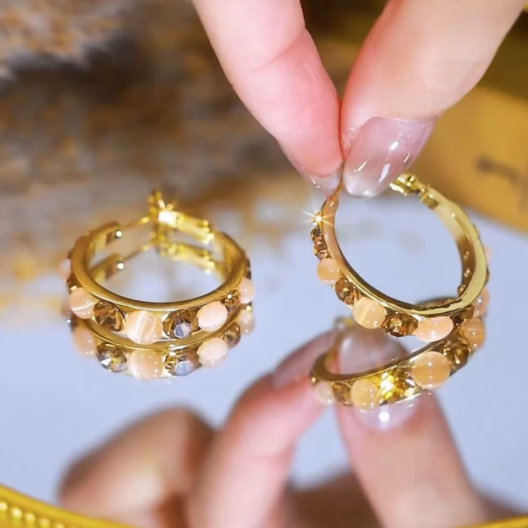 Huggie Hoop Earrings with Cat's Eye & Crystal Accents