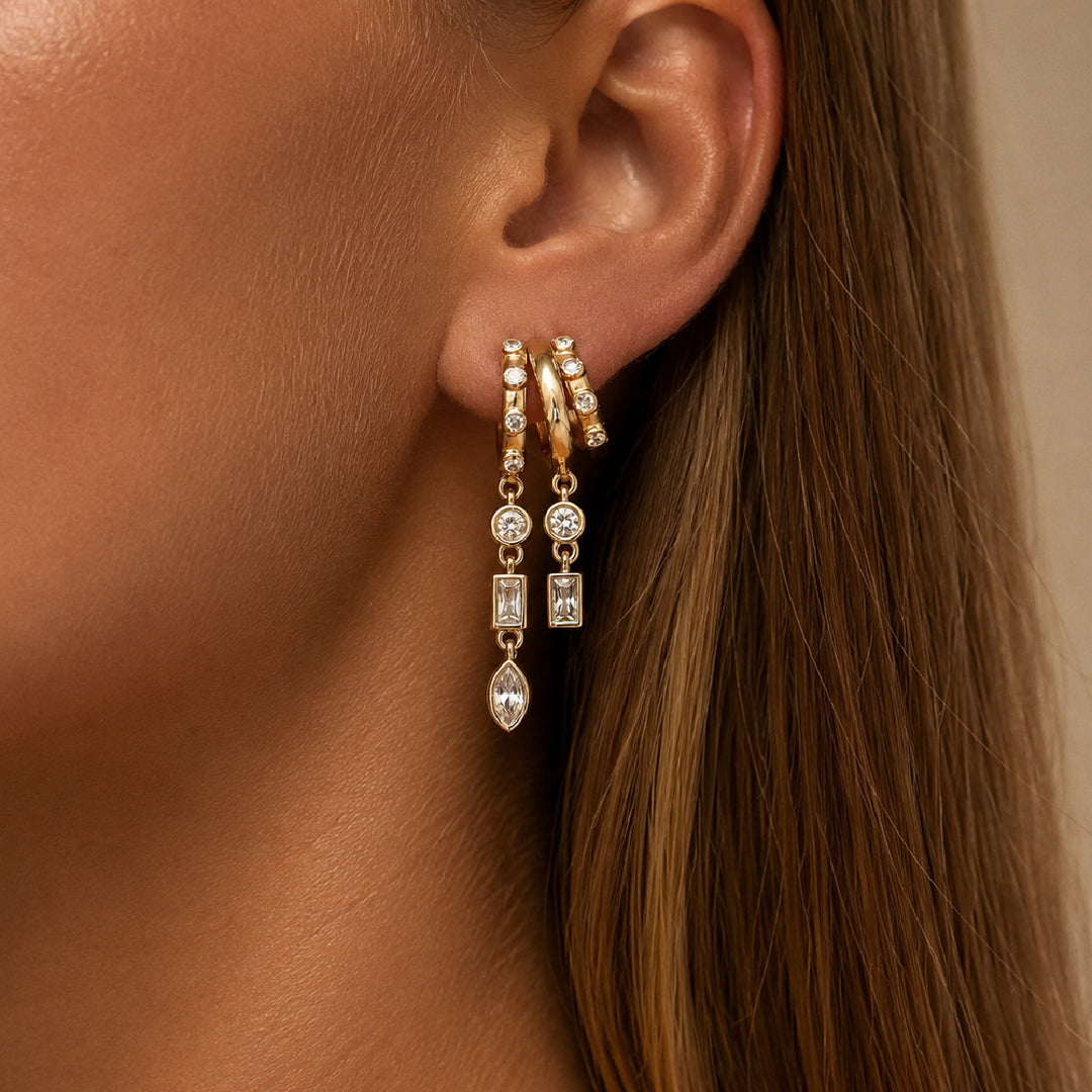 Layered C-Shaped Drop Earrings - Geometric Diamond Chandelier Earrings for Women