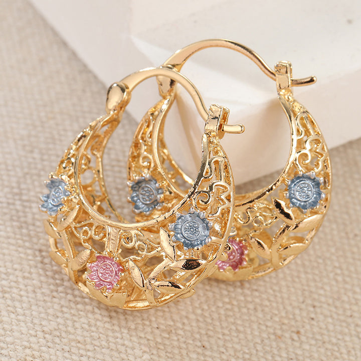 Vintage Floral Enamel Hoop Earrings Gold Hollow Hoop Earrings