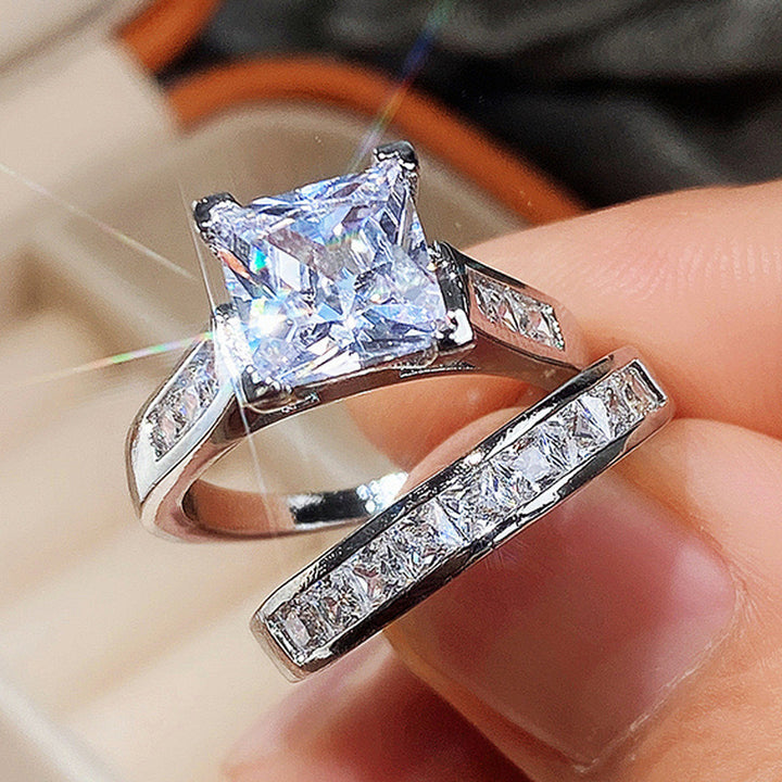 S925 Sterling Silver Princess Cut Diamond Two Piece Bridal Ring Set For Women
