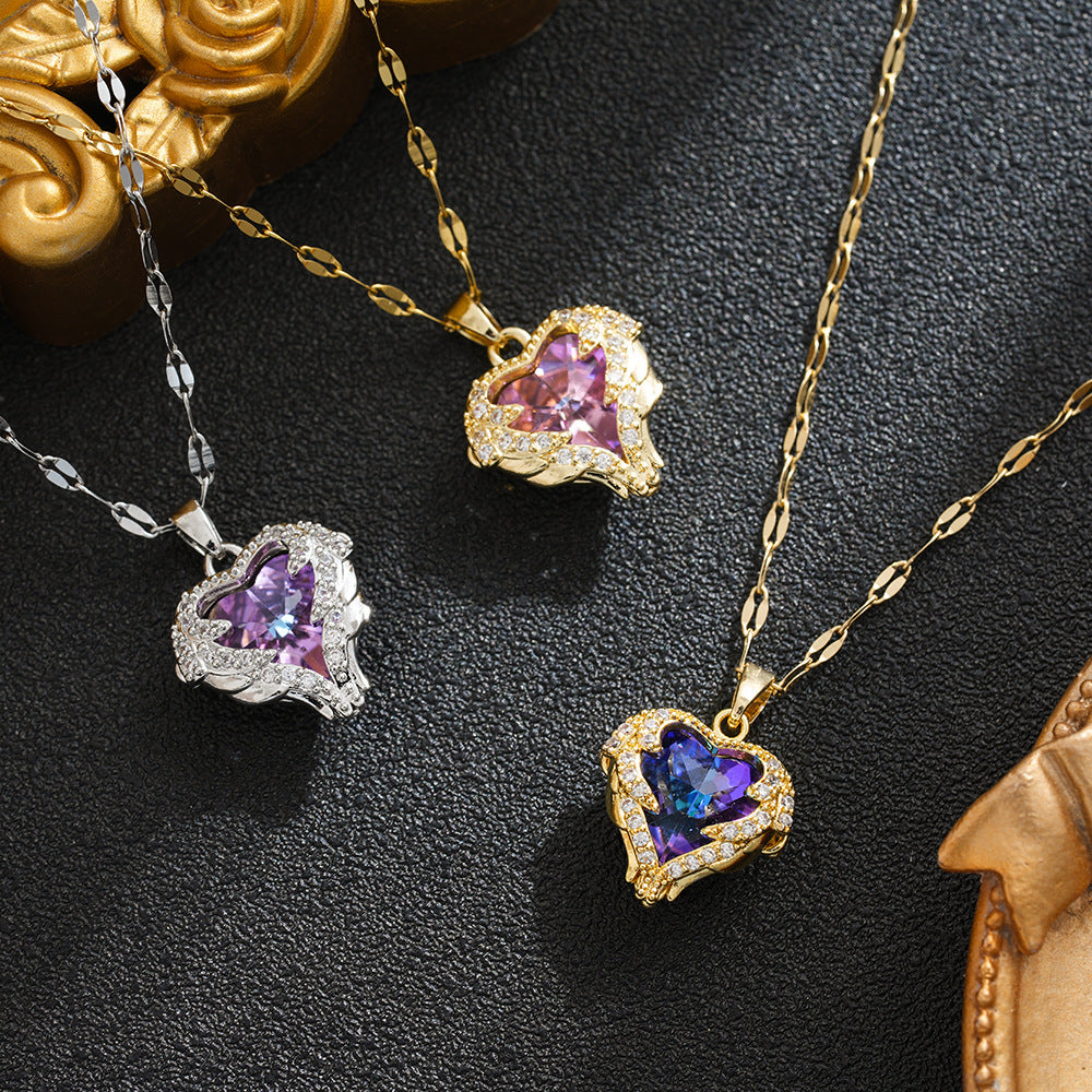 Heart of the Ocean Gemstone Pendant Necklace Romantic Winged Jewelry