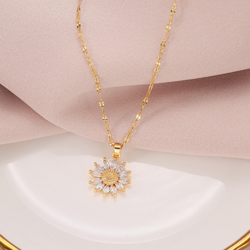 Sunflower Diamond Pendant Necklace 925 Sterling Silver Minimalist Floral Jewelry