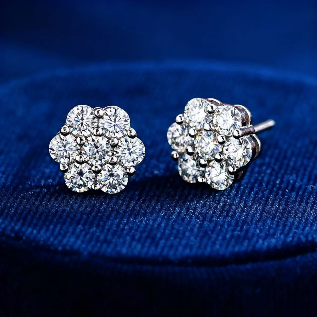 Cluster Diamond Stud Earrings Sterling Silver Floral Earrings
