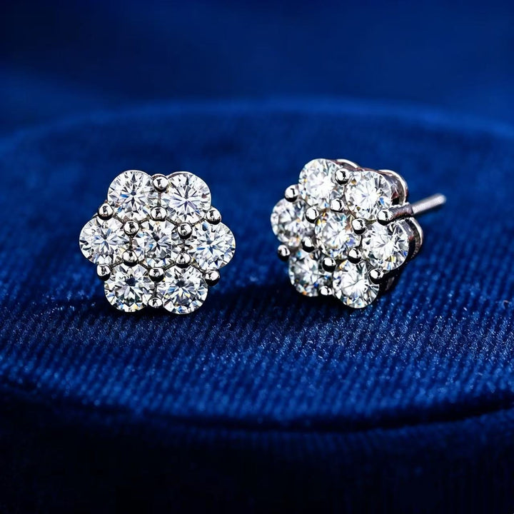 Cluster Diamond Stud Earrings Sterling Silver Floral Earrings