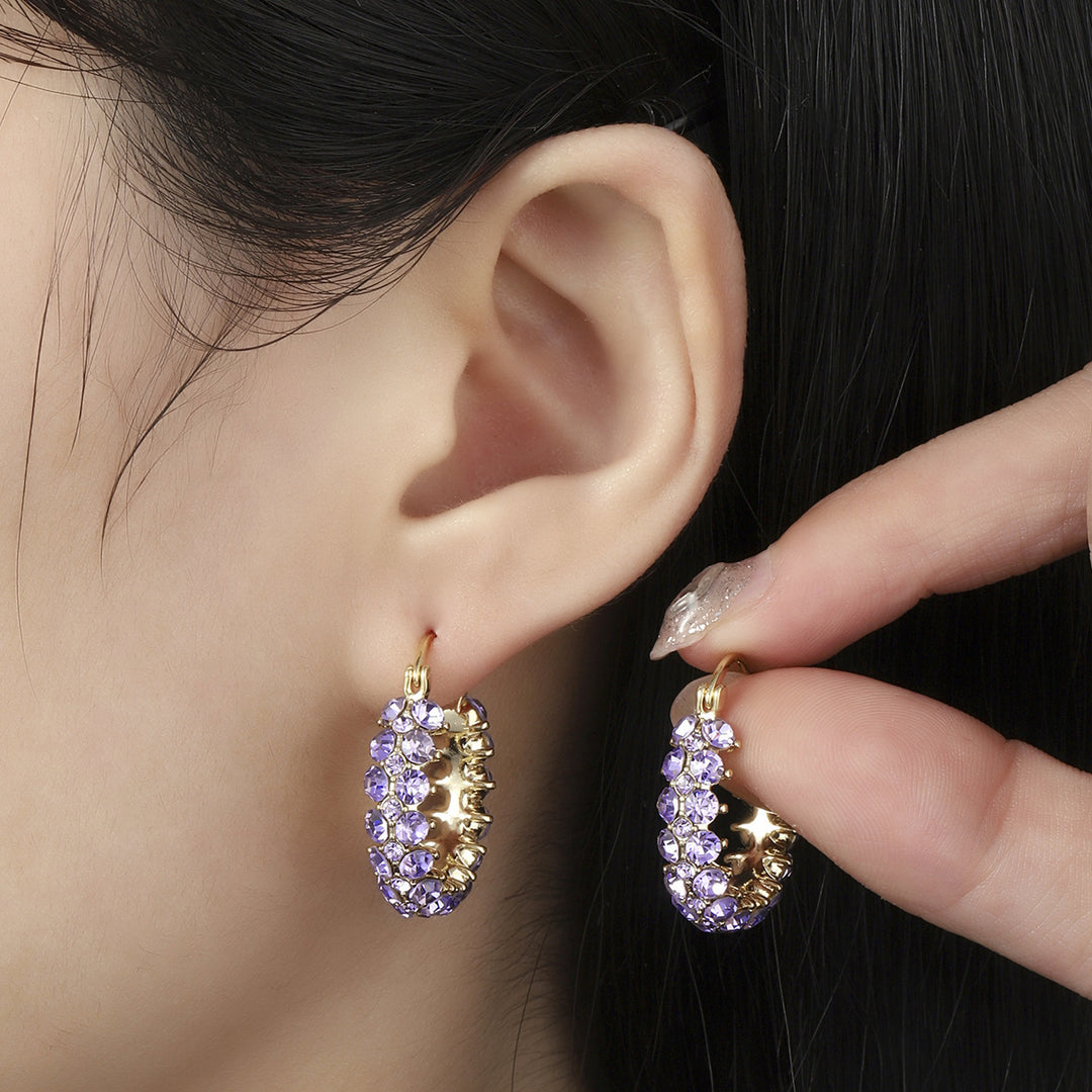 Vintage Gold Hoop Earrings with Purple Crystals