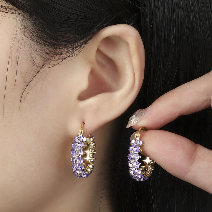 Vintage Gold Hoop Earrings with Purple Crystals