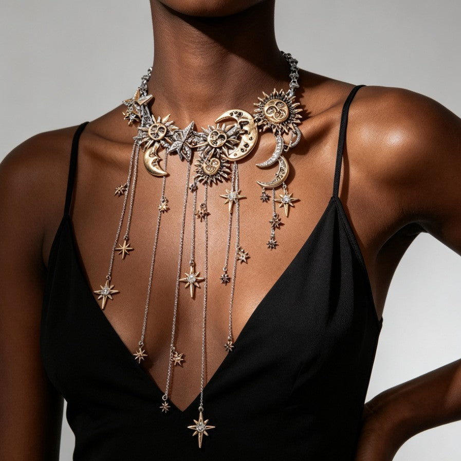 Celestial Sun Moon Star Fringe Necklace Two-Tone Crystal Statement Jewelry for Women