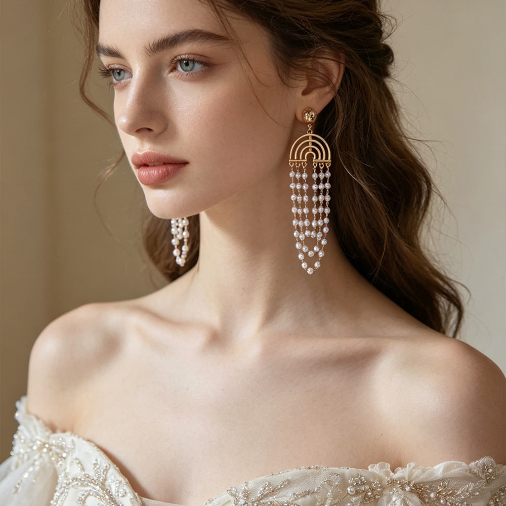 Vintage Gold Rainbow Arch Pearl Tassel Earrings