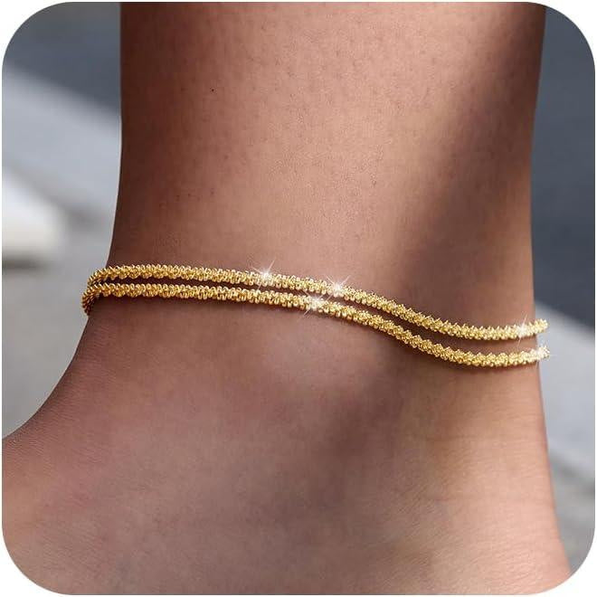 Double Layer Sparkle Anklet - Shimmering Wavy Ankle Bracelet for Women