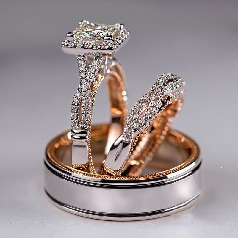 Princess Cut Halo Bridal Ring Set 14K Gold Diamond Wedding Trio