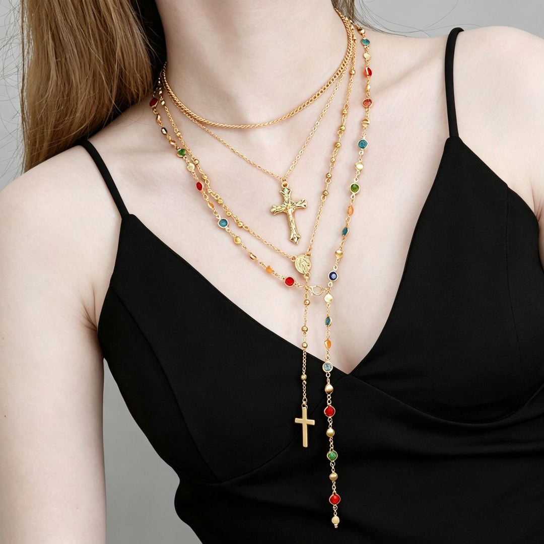 Minimalist Cross Layered Necklace Set with Colorful Gems
