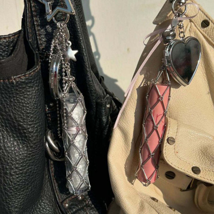 Lipstick Holder Keychain with Mini Mirror Heart Star Bag Charm