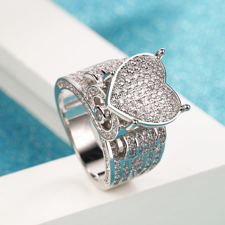 S925 Silver Full Paved Diamond Ring Round Heart Shape Luxury Single Ring