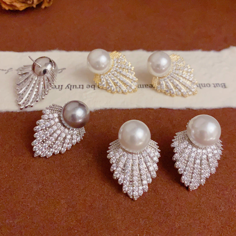 Luxury Pearl and Diamond Angel Wing Stud Earrings