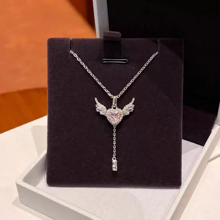 Pink Heart Wing Lariat Necklace - Sparkling Angel Y-Diamond Necklace for Women